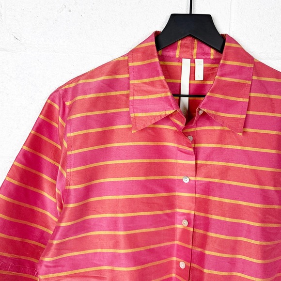 Debra deRoo Silk Striped Button Front Blouse Womens Large Pink Yellow Tie Hem - Picture 4 of 6